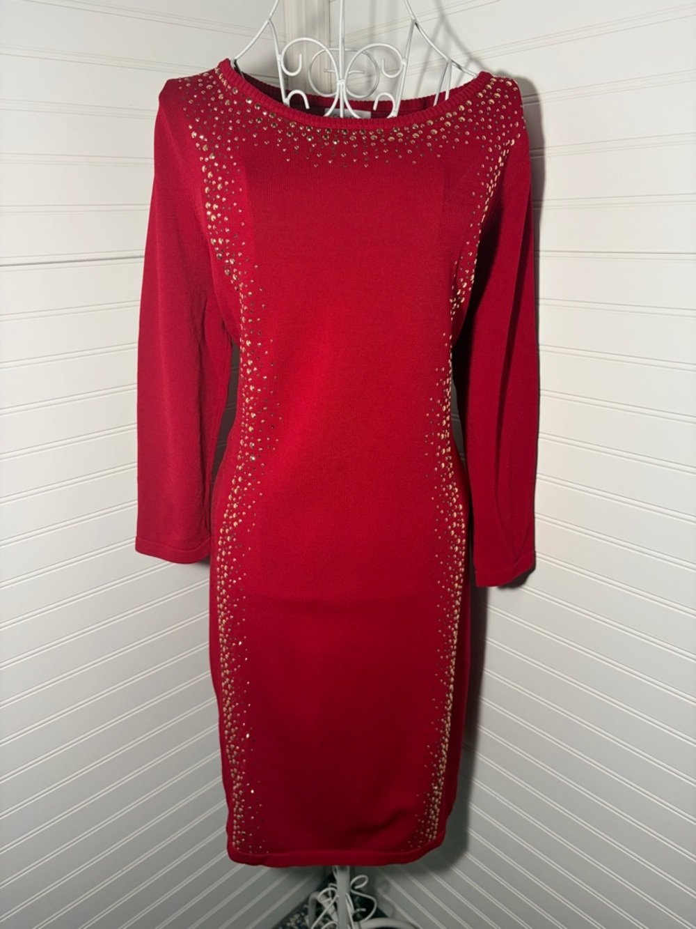 Calvin Klein Red Studded Long-Sleeve Ponte Sheath Dress